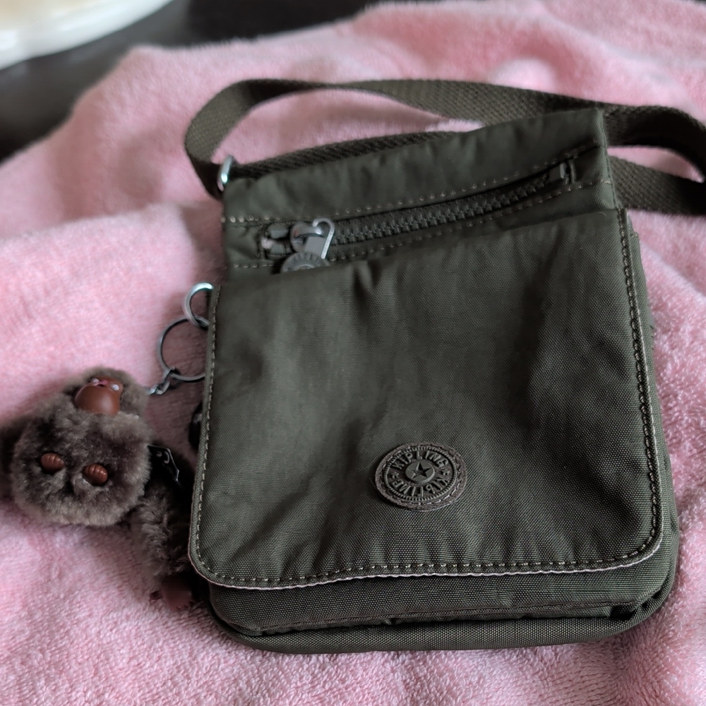 Kipling Olive Green Nylon Crossbody with Monkey Keychain